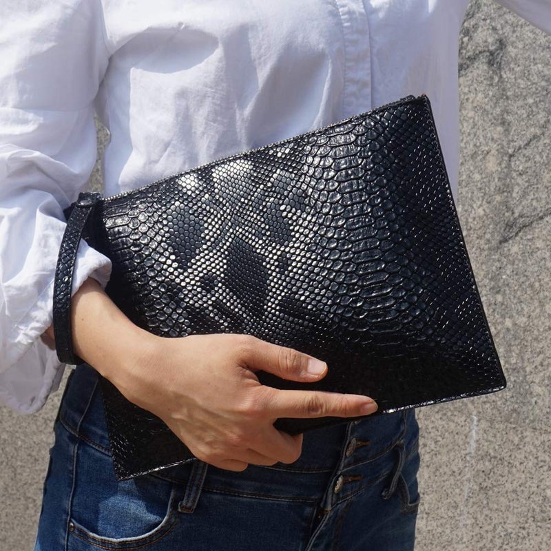 NIGEDU Women Clutches Fashion Snakeskin PU Leather Party Envelope Purse Bag with Hand Strap (Black) - Image 2